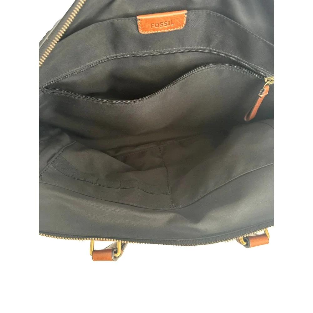 Fossil Defender Briefcase Black Leather Top Handles Crossbody Strap Double Zip